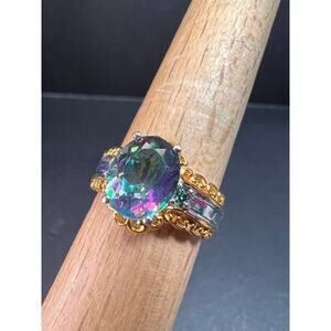 NEW green mystic topaz two toned sterling silver ring size 7